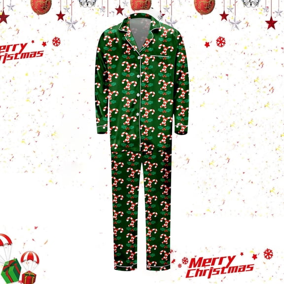 FAOWME Family Matching Christmas Pajamas Set Outfits Long Sleeve Turndown Collar Cartoon Print Buttons Top And Pant Comfortable Soft Sleepwear For Men Dad-Dark Green L