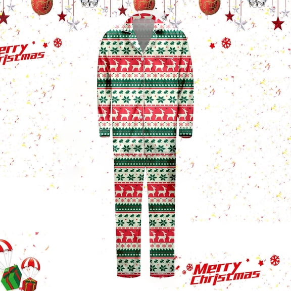 FAOWME Family Matching Christmas Pajamas Set Outfits Long Sleeve Turndown Collar Cartoon Print Buttons Top And Pant Comfortable Soft Sleepwear For Men Dad-Red L