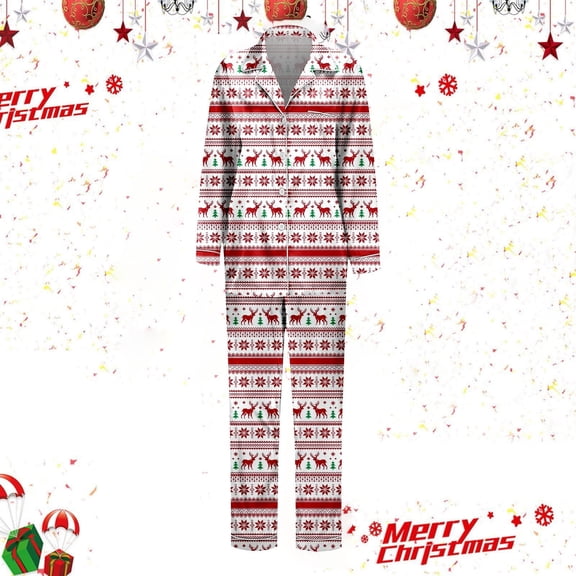 FAOWME Family Matching Christmas Pajamas Set Outfits Long Sleeve Turndown Collar Reindeer Print Buttons Top And Pant Comfortable Soft Sleepwear For Women Mom-Red S