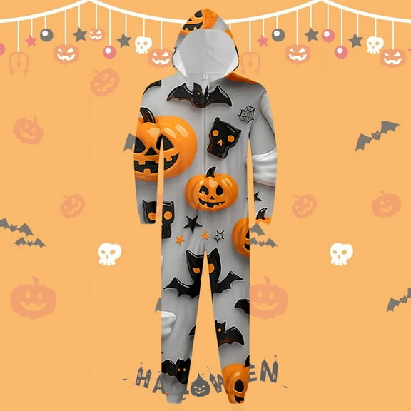 FAOWME Family Matching Halloween Jumpsuit Pajamas Hooded Long Sleeve Pumpkin Prints Zipper Comfortable Soft Sleepwear Romper For Men Dad-Grey L
