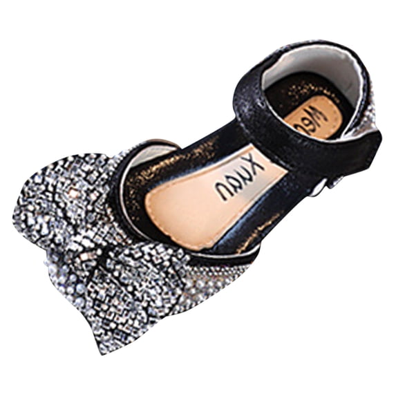 FAOWME Fashion Summer Girls Sandals Dress Performance Dance Shoes Pearl Sequin Shiny Bow Hook Loop Light Black 18-24 Months