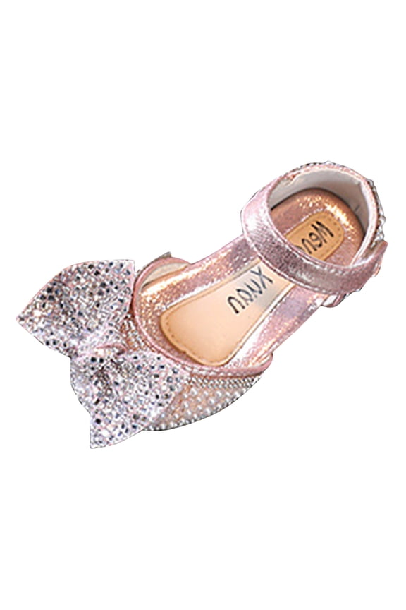 Fashion Summer Girls Sandals Dress Performance Dance Shoes Pearl Sequin Shiny Bow Hook Loop Light Pink 5-5.5 Years