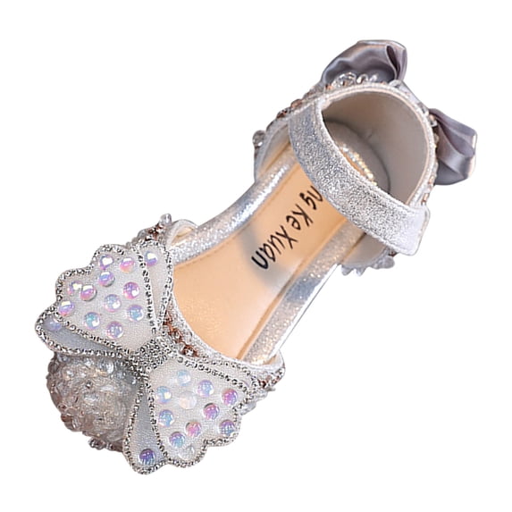 FAOWME Fashion Summer Girls Sandals Party Dress Dance Show Princess Shoes Rhinestone Bowknot Ribbon Hook Loop Silver 7-8 Years