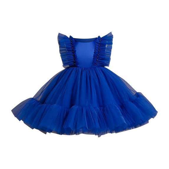 FAOWME Flower Girl Dress Ruffle Tulle Beads Toddler Wedding Pageant Birthday Party Evening Tutu Dresses Blue 7-8 Years
