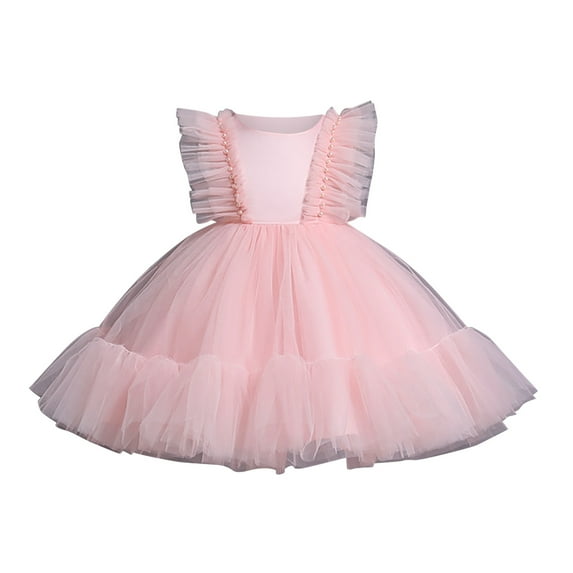 FAOWME Flower Girl Dress Ruffle Tulle Beads Toddler Wedding Pageant Birthday Party Evening Tutu Dresses Pink 4-5 Years