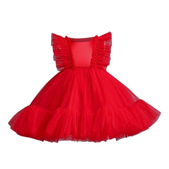 FAOWME Flower Girl Dress Ruffle Tulle Beads Toddler Wedding Pageant Birthday Party Evening Tutu Dresses Red 7-8 Years