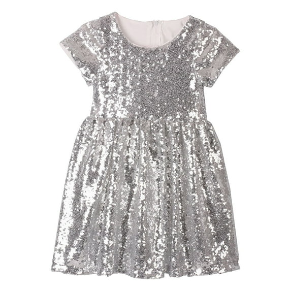 FAOWME Girl Dress Baby Toddler Sequin Dress Kids Party Dress Bridesmaid Wedding Gown Silver 6Y