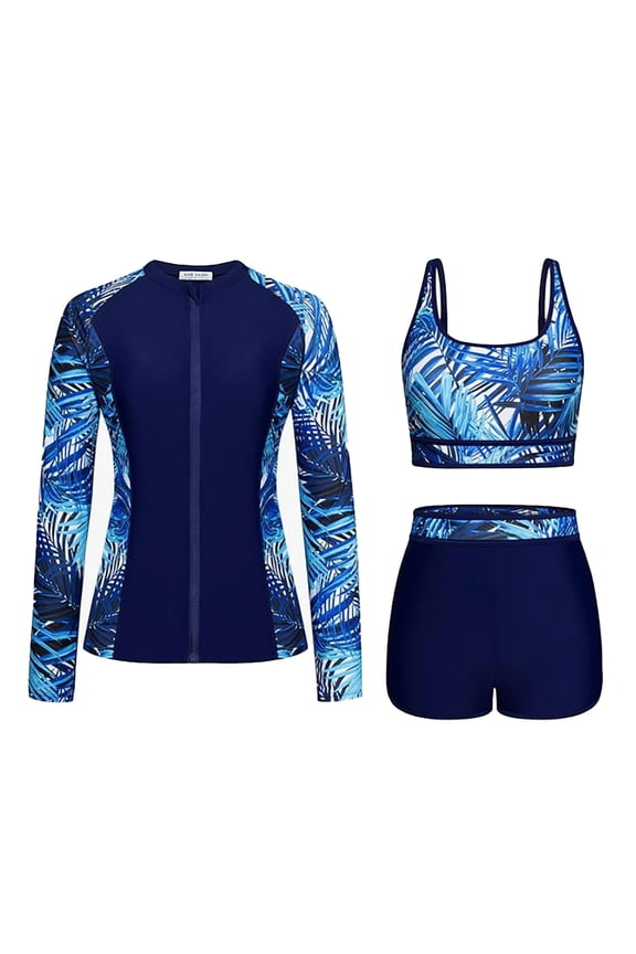 Girls 3PCS Rash Guard Swimsuit Set Long Sleeve Bathing Suits With Boy Shorts Push Up Bikini Sets Navy 12-13 years