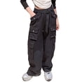 thumbnail image 1 of FAOWME Girls Baggy Cargo Trousers Elastic High Waist Straight Wide Leg Streetwear Trousers With Multiple Pockets Black 6-7 Years, 1 of 4