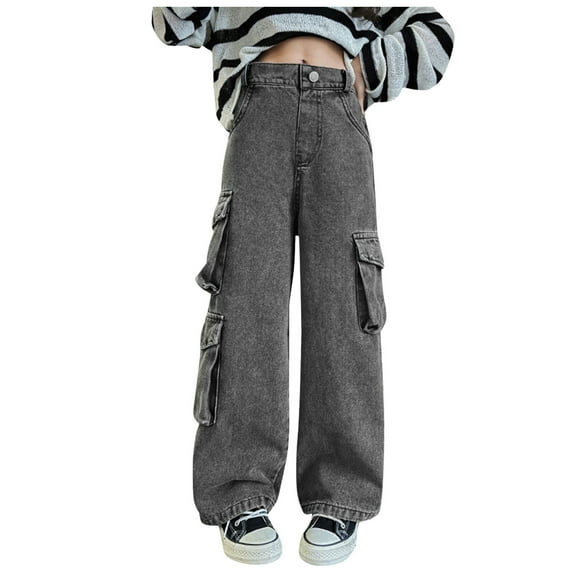 FAOWME Girls Cargo Baggy Pants Elastic Waist Wide Leg Jeans Trousers Solid Color Casual Demin Pants With Pockets Grey 10-12 Years