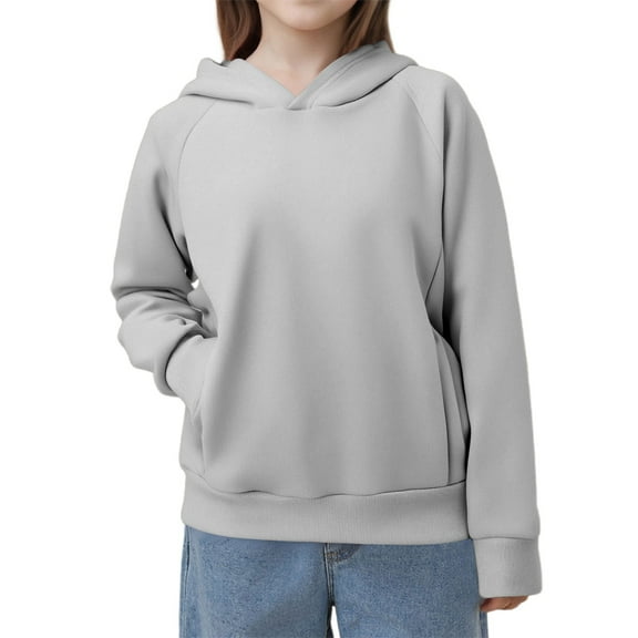 FAOWME Girls Casual Pullover Sweatshirt Solid Color For Kids Comfortable Athletic Hoodie Grey 7-8 Years