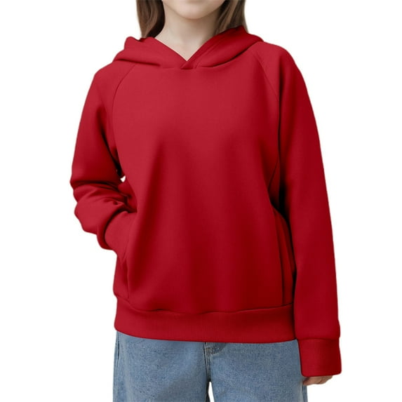 FAOWME Girls Casual Pullover Sweatshirt Solid Color For Kids Comfortable Athletic Hoodie Red 7-8 Years