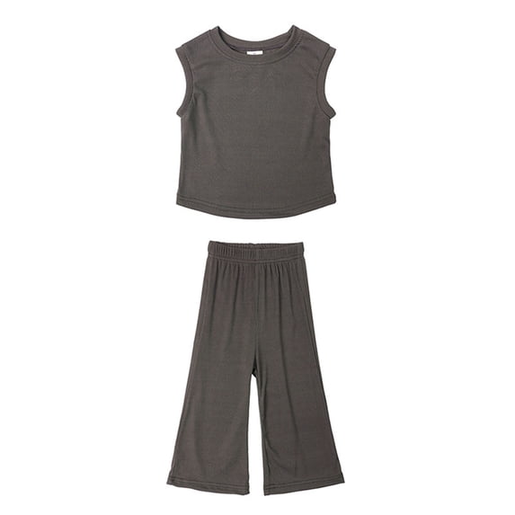 FAOWME Girls Clothes Summer Solid Color Knit Sleeveless Shirt Flare Pants Set Toddler Bell Bottoms Outfits Grey 12-24 Months