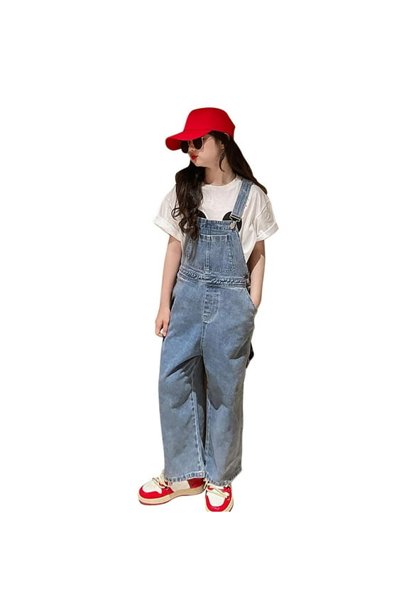 Girls Denim Denim Jumpsuit Onesie Wide Leg Jeans Trousers Adjustable Strap Baggy Jumpsuit Onesie With Pockets Cute Playsuit For Girls Age 3 14 Sky Blue 11-12 Years