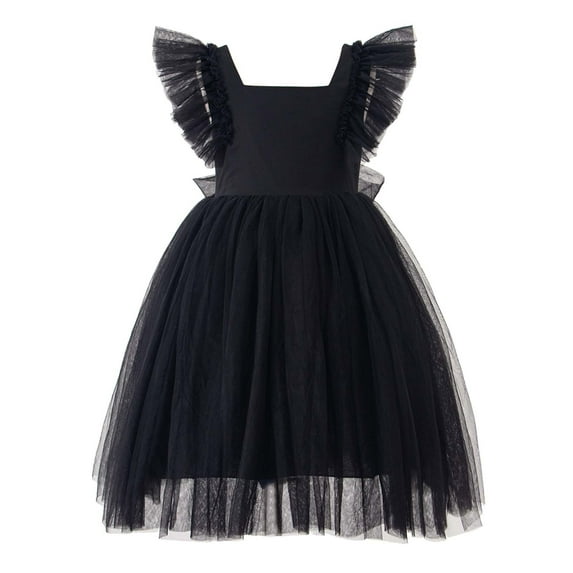 FAOWME Girls Dress Ruffle Short Sleeve Square Neck Backless Tutu Dresses Kids Wedding Elegant Princess Dress Clothing For Girls Black 4-5 Years