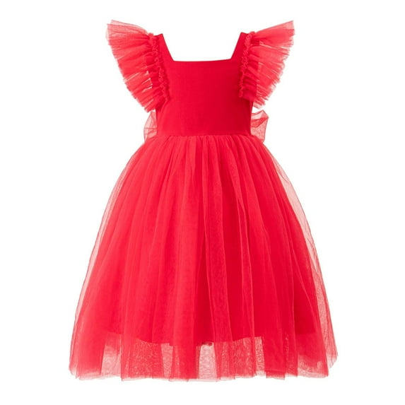 FAOWME Girls Dress Ruffle Short Sleeve Square Neck Backless Tutu Dresses Kids Wedding Elegant Princess Dress Clothing For Girls Red 3-4 Years