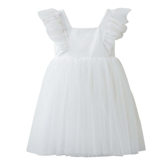 FAOWME Girls Dress Ruffle Short Sleeve Square Neck Backless Tutu Dresses Kids Wedding Elegant Princess Dress Clothing For Girls White 4-5 Years