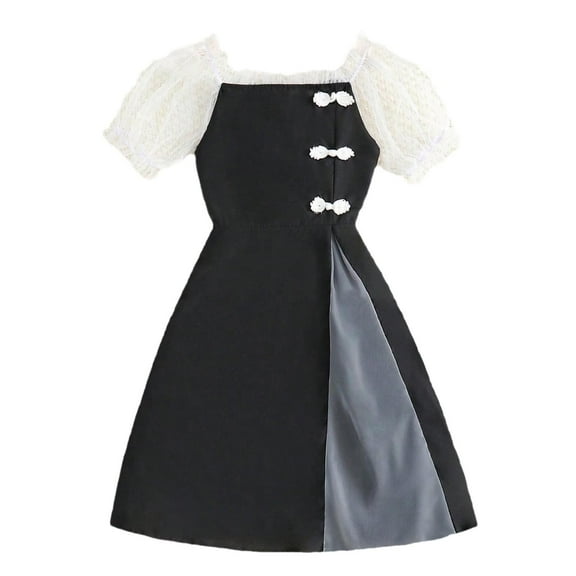 FAOWME Girls Dress Summer Mesh Button Dress Black 11-12 Years