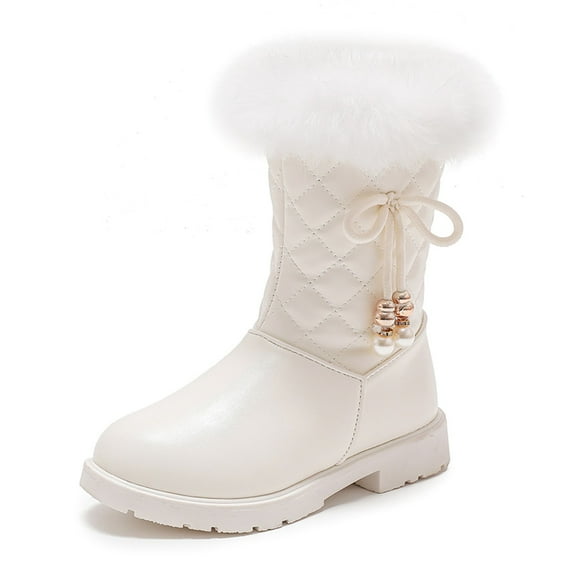 FAOWME Girls Fall Snow Boots Shoes Platform Soles Non- Warm Comfort Solid Color Bow Side Zip Boots White 8-9 Years