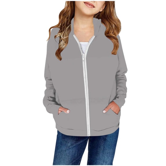 FAOWME Girls Fall Solid Color Patch Pocket Zipper Sweatshirt Hooded Cardigan Jacket Grey 12-24 Months
