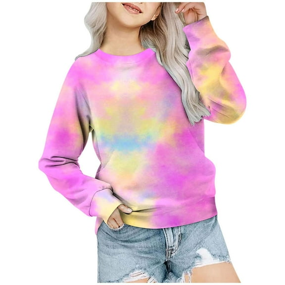 FAOWME Girls Fall Tie Dye Printed Round Neck Long Sleeved Casual Sweatshirt Pink 3-4 Years