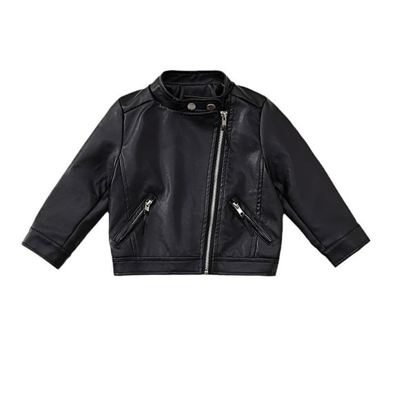 FAOWME Girls Fashion PU Leather Motorcycle Jacket Children Outerwear Slim Coat 2 13 Years Black 2-3 Years