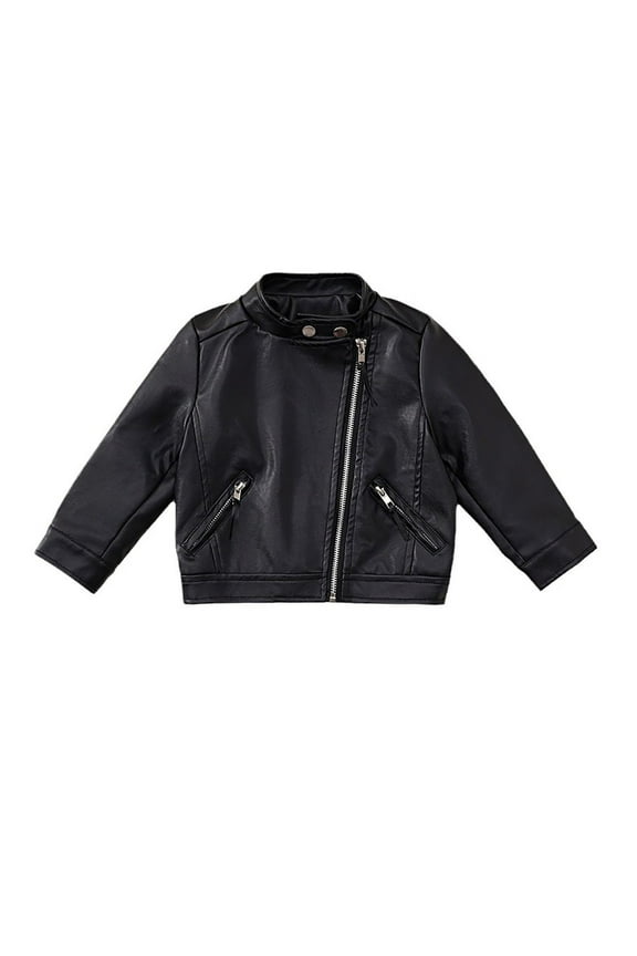Girls Fashion PU Leather Motorcycle Jacket Children Outerwear Slim Coat 2 13 Years Black 8-9 Years