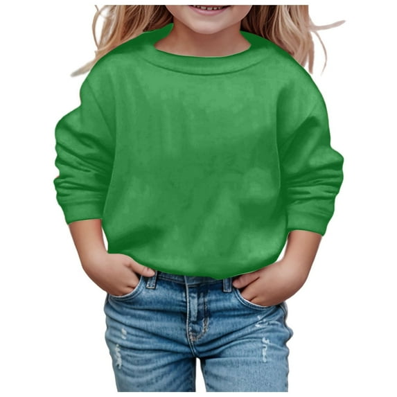 FAOWME Girls Fashion Solid Color Round Neck Long Sleeve Casual Sweatshirt Hoodie Pullover Sport Comfortable Tops Green 3-4 Years