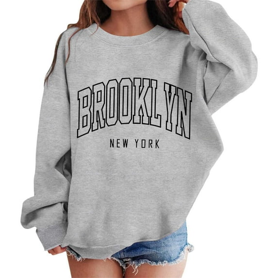 FAOWME Girls Graphic Prints Sweatshirt Crewneck Long Sleeve Cute Drop Shoulder Pullover Tops Grey 5-6 Years