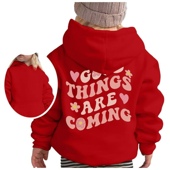 FAOWME Girls Hoodie Long Sleeve Soft Sweatshirt Graphic Hoody Kids Cute Pullovers Tops Red 7-8 Years