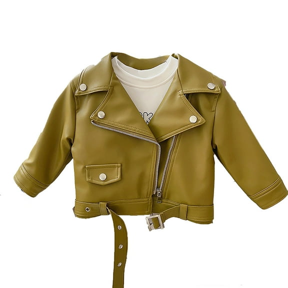 FAOWME Girls Motorcycle Handsome Cool Style Large Lapel Zipper Leather Jacket 2025 Fall Tops Green 12-18 Months