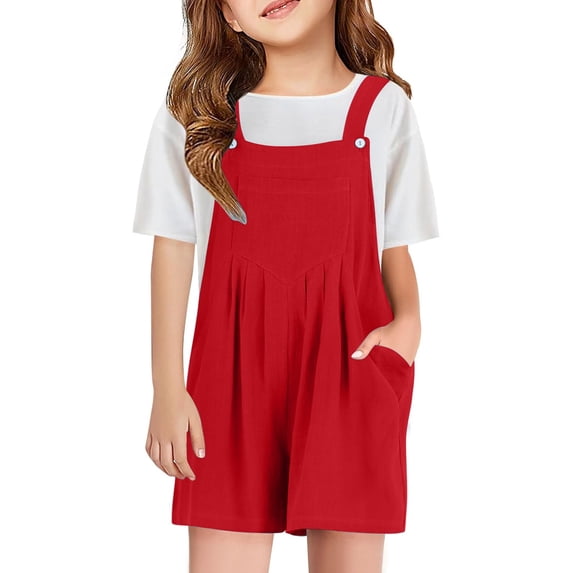 FAOWME Girls Overall Shorts Kids Summer Casual Adjustable Strap Rompers With Pockets Red 10-12 Years