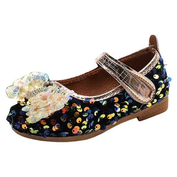 FAOWME Girls Sandals Fashion Floral Flash Decoration Flat Bottom Round Toe Hook Loop Comfortable Princess Shoes Blue 7.5-8 Years