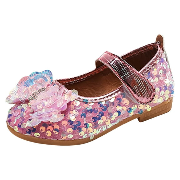 FAOWME Girls Sandals Fashion Floral Flash Decoration Flat Bottom Round Toe Hook Loop Comfortable Princess Shoes Pink 2.5-3 Years