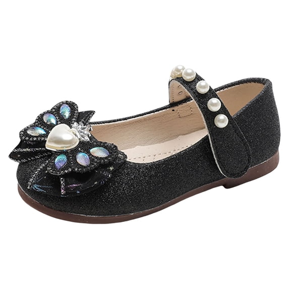 FAOWME Girls Sandals Fashion Floral Pearl Decoration Cute Flat Bottom Lightweight Comfort Hook Loop Princess Shoes Black 4-4.5 Years