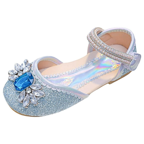 FAOWME Girls Sandals Fashion Floralw Cute Bright Diamond Decoration Versatile Flat Bottom Comfortable Hook Loop Princess Shoes Blue 5-5.5 Years