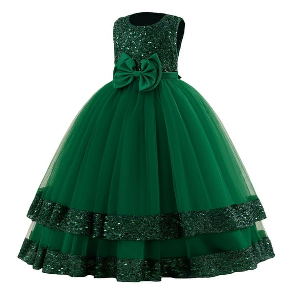 FAOWME Girls Sequined Bow Princess Evening Gown Long Sleeve Party Dress For Birthday Pageant & Stage Performance Green 8-9 Years