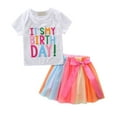 thumbnail image 1 of FAOWME Girls Set Edition Fashion Cartoon Style T-Shirt And Rainbow Skirt Outfits 2PCS Set Birthday A 4-6 Years, 1 of 8