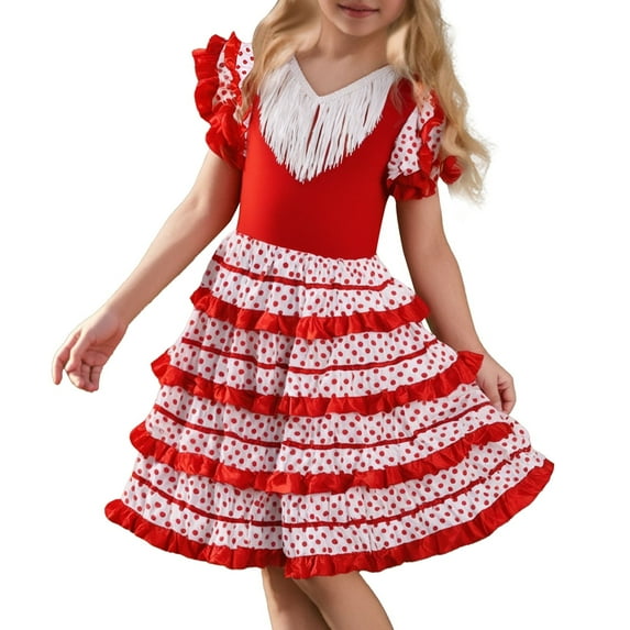 FAOWME Girls Spanish Dance Dress Dance Dress Ballet Dress For Child White 10 -11years