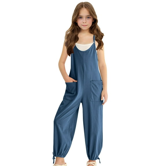 FAOWME Girls Summer Sleeveless Jumpsuit Onesie Solid Color Casual Romper With Thin Straps Tapered Legs And Pockets Comfortable Playwear For Toddler Kids Blue 9-10 Years