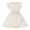 thumbnail image 1 of FAOWME Girls Summer Striped Flutter Sleeve Dress With Ruffled Hem & Adjustable Waist Belt Casual Round Neck Beachwear Beige 3-4 Years, 1 of 7