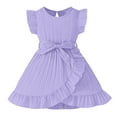 thumbnail image 1 of FAOWME Girls Summer Striped Flutter Sleeve Dress With Ruffled Hem & Adjustable Waist Belt Casual Round Neck Beachwear Purple 3-4 Years, 1 of 7
