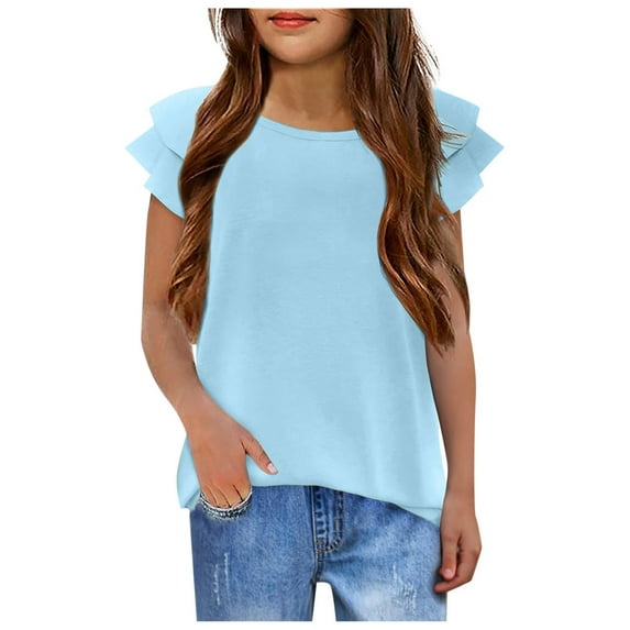 FAOWME Girls T-Shirts Wavy Sleeves Summer Crew Neck Short Sleeve Tops Casual Fashion Plain T-Shirt For Girls Light Blue 5-6 Years