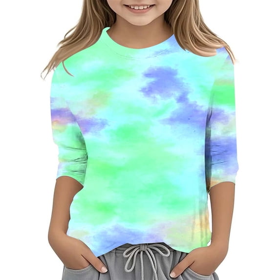 FAOWME Girls Tie Dye Printed Fashionable Versatile Round Neck 3/4 Quarter Sleeve Casual T-Shirt Tops Green 9-10 Years