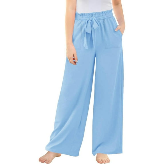 FAOWME Girls Wide Leg Pants High Elastic Smocked Waist Casual Flowy Cute Long Trousers Light Blue 7-8 Years