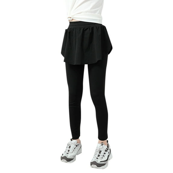 FAOWME Girls Yoga Active Leggings Kids Flowy Skorts Tight Yoga Pants 2 In 1 Running Tennis Skirt Pants Black 6-7 Years