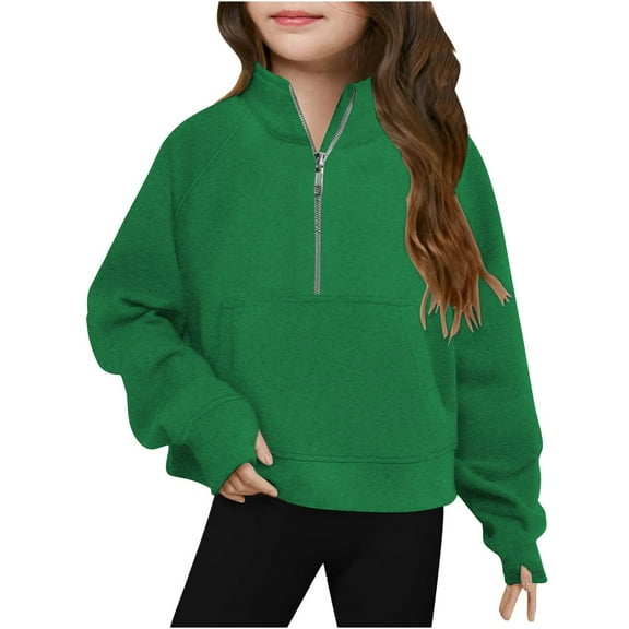 FAOWME Half Zip Crop Sweatshirt For Girls Long Sleeve Pullover Tops Kids Lightweight Winter Clothes Green 140