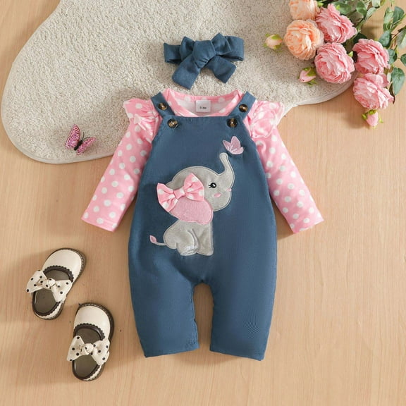 FAOWME Infant Girls Outfits Long Sleeve Polka Dot Prints Romper Bodysuit And Cartoon Suspender Pants Soft Comfortable Sets For Daily Wear,Pink,6-12 Months