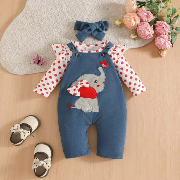 FAOWME Infant Girls Outfits Long Sleeve Polka Dot Prints Romper Bodysuit And Cartoon Suspender Pants Soft Comfortable Sets For Daily Wear,Red,6-12 Months