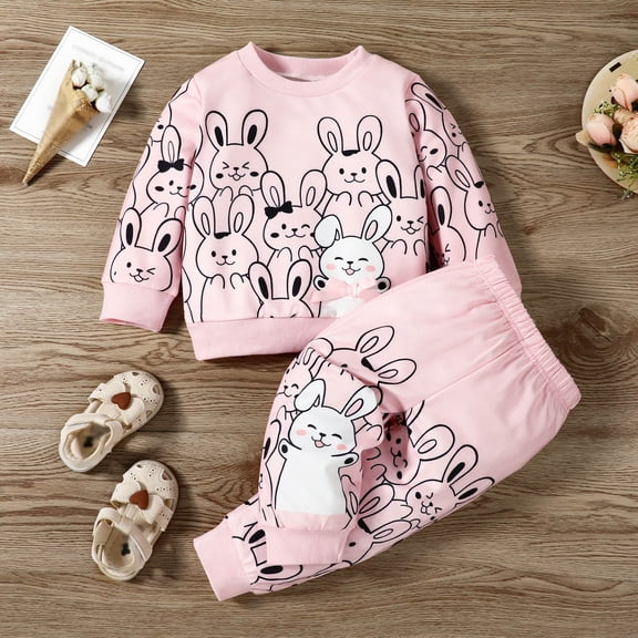 FAOWME Infant Girls Outfits Two Piece Long Sleeve Round Neck Bunny Print Sweatshirt And Elastic Waist Pants Fashion Comfortable Sets For Daily Wear,Red,9-12 Months
